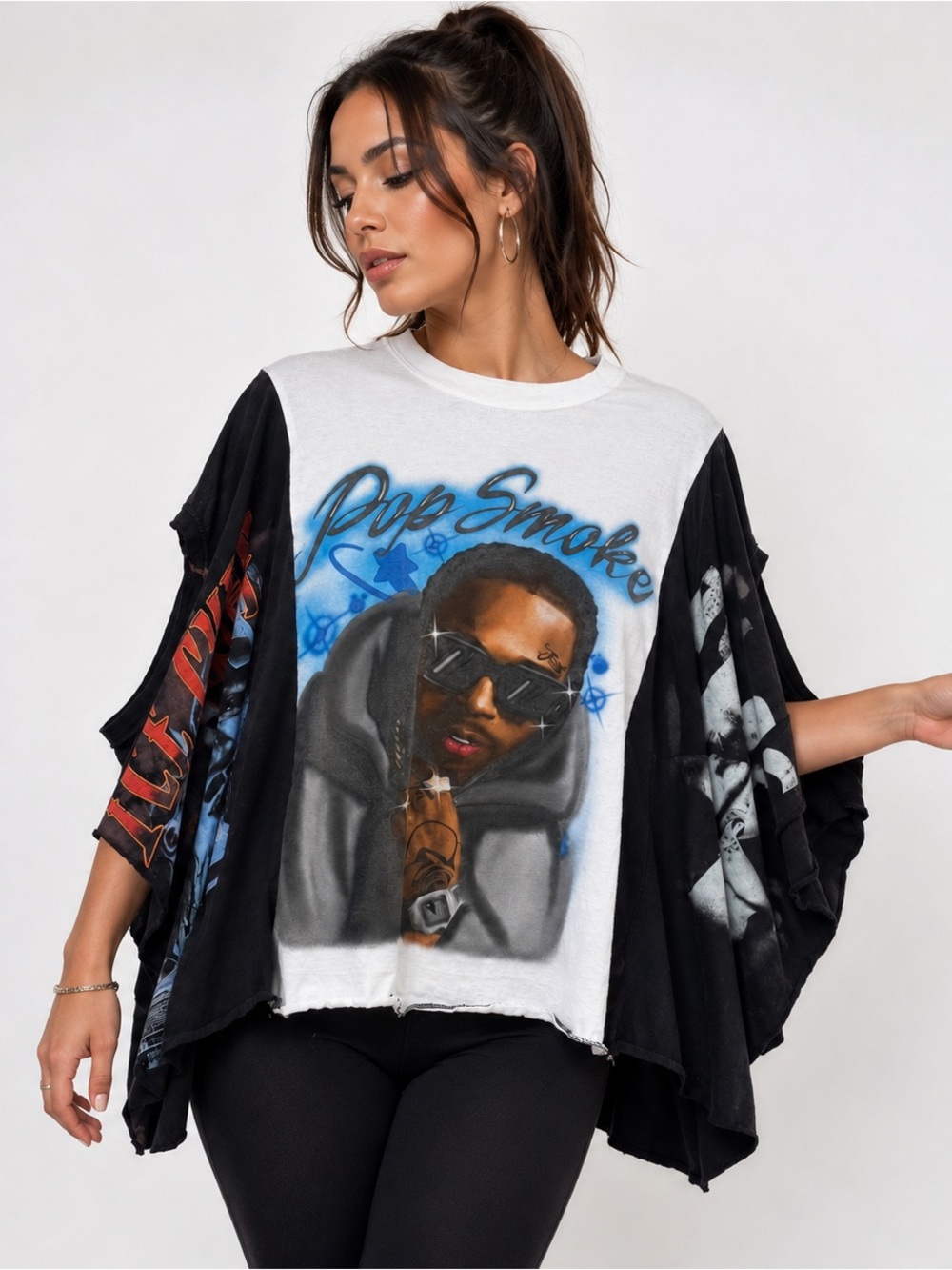Pop Smoke Tupac Ice Cube Upcycled Triple Graphic Tee Poncho OS